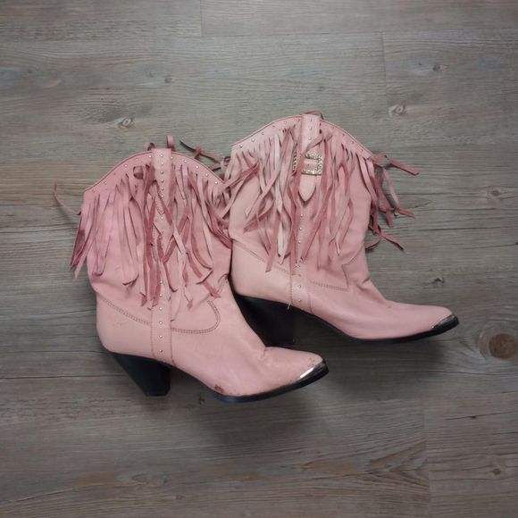 Y2K Pink Leather Fringe Rhinestone Cowgirl Boots - Picture 2 of 8